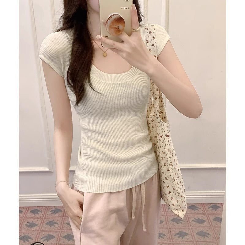 Pink U-Neck Knitted Women Summer Slim Short Sleeve Top
