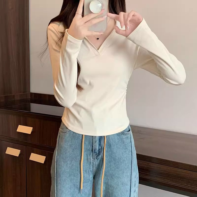 Retro Polo V-Neck Women Slim Autumn Top
