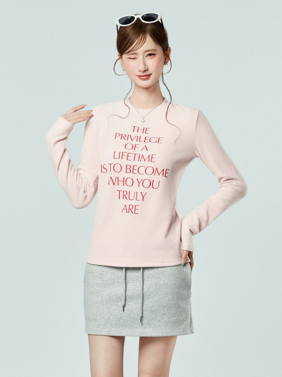 Pink Velvet Letter Print Women Winter Top