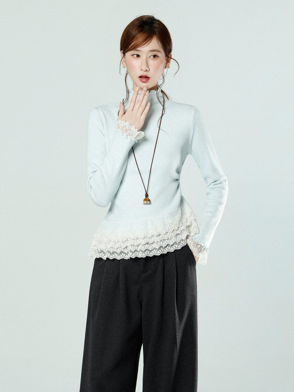 Lace Half Turtleneck Women Knit Winter Slim Top