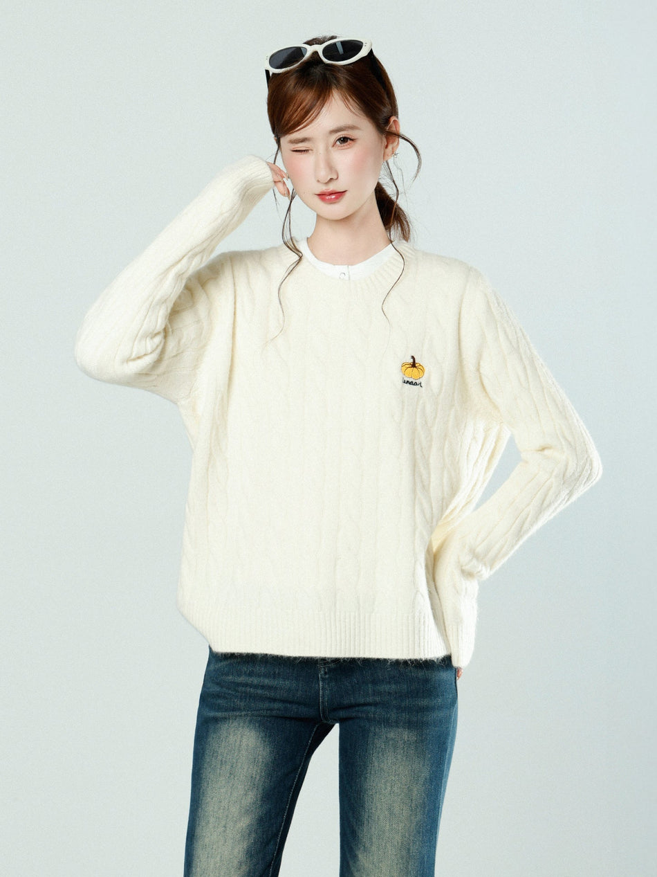 White Twist Knitted Sweater Top for Women Winter Warm