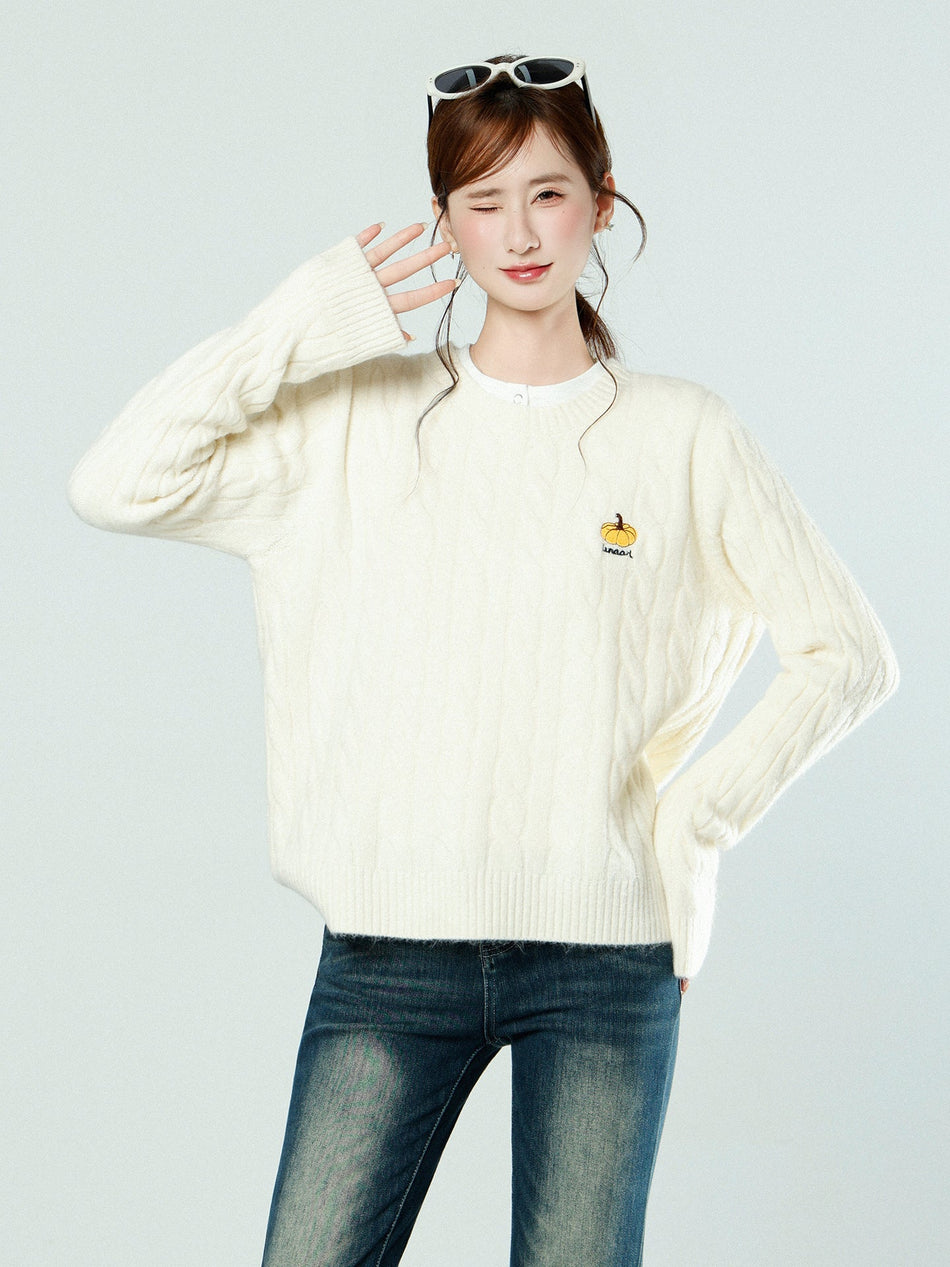 White Twist Knitted Sweater Top for Women Winter Warm