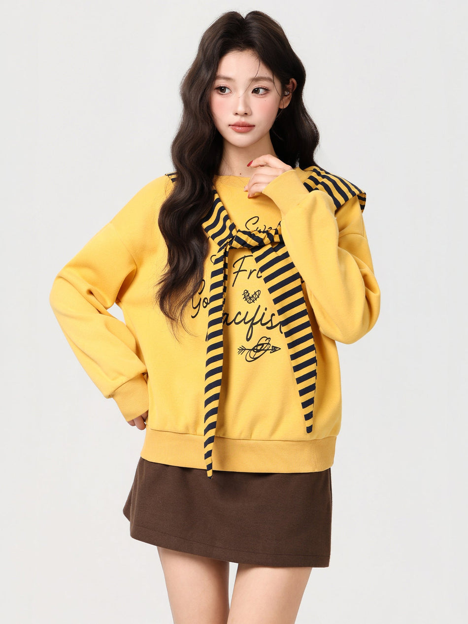 Yellow Letter Print Sweatshirt Women Winter Pullover