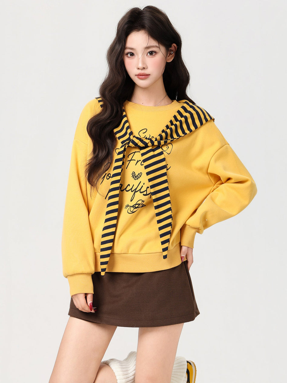Yellow Letter Print Sweatshirt Women Winter Pullover