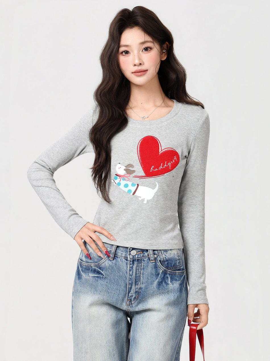 Heart Puppy Print Slim Fit T-Shirt Women Winter Top