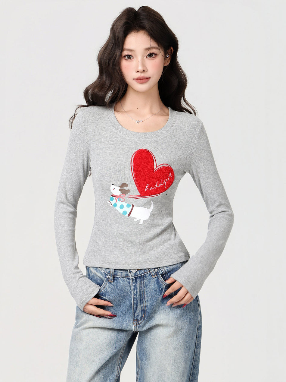 Heart Puppy Print Slim Fit T-Shirt Women Winter Top