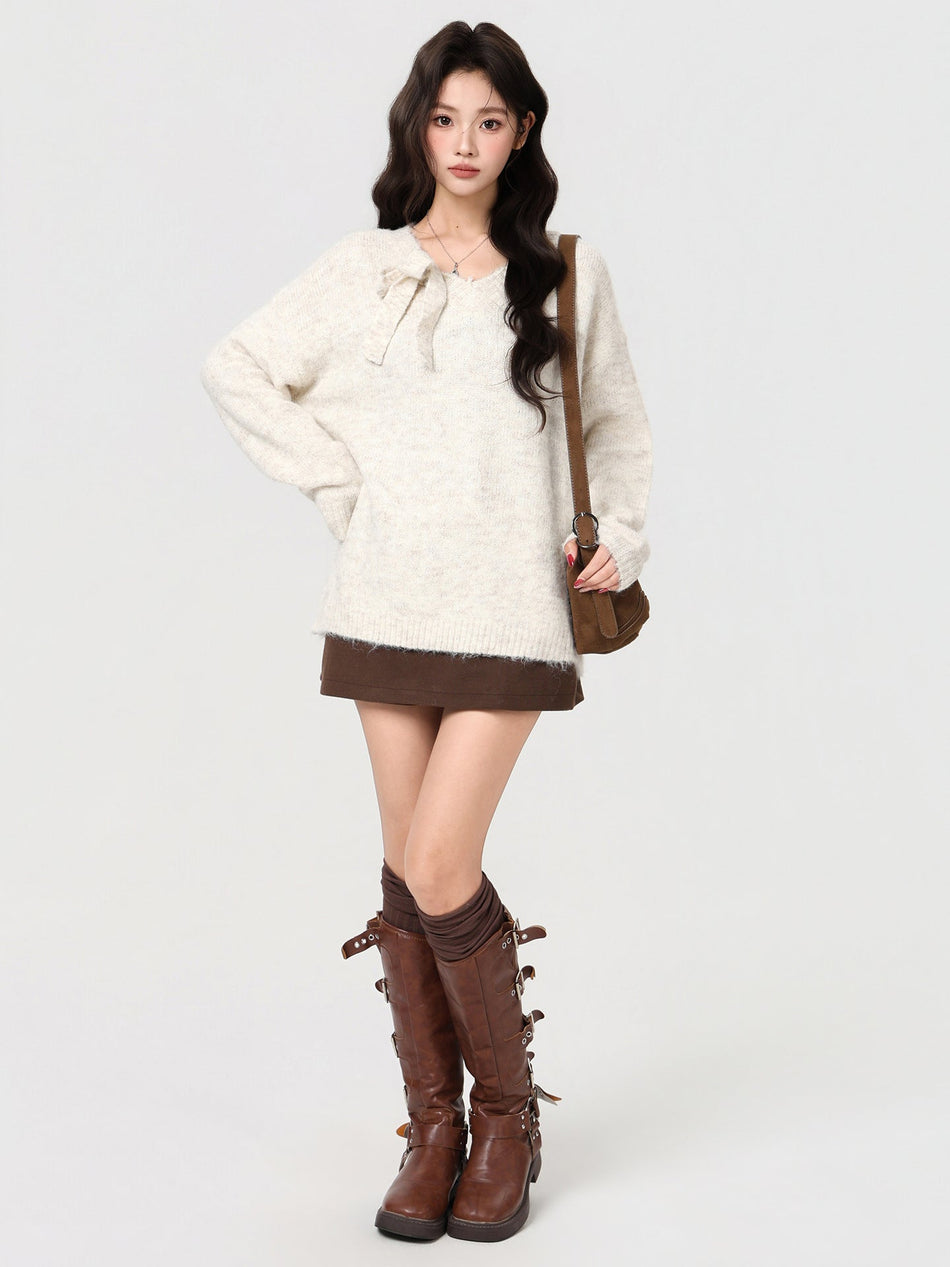 Bow Knot V Neck Sweater Women Winter Loose Pullover