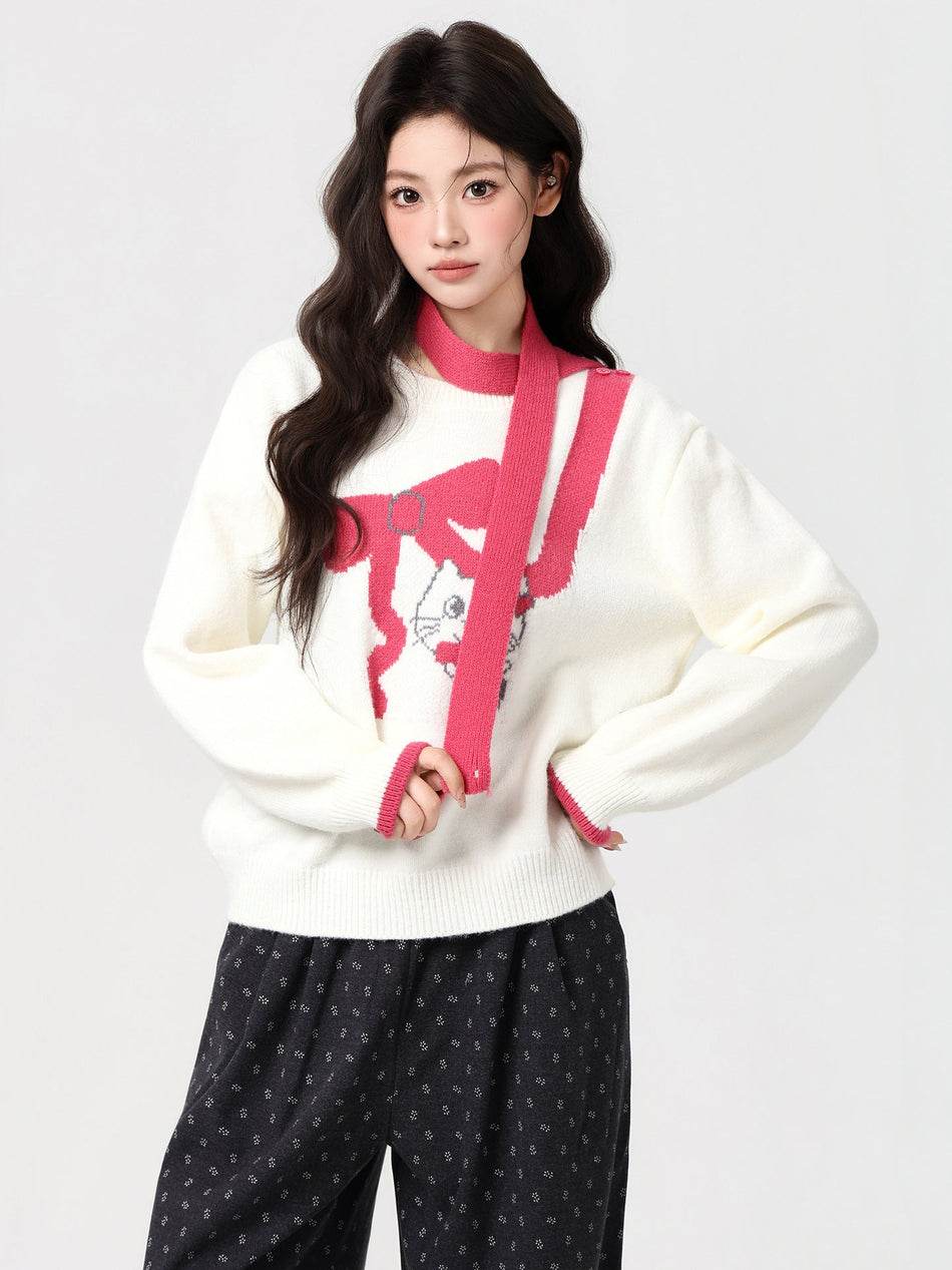 Cat Bow Jacquard Sweater Set Women Winter Knit 2026