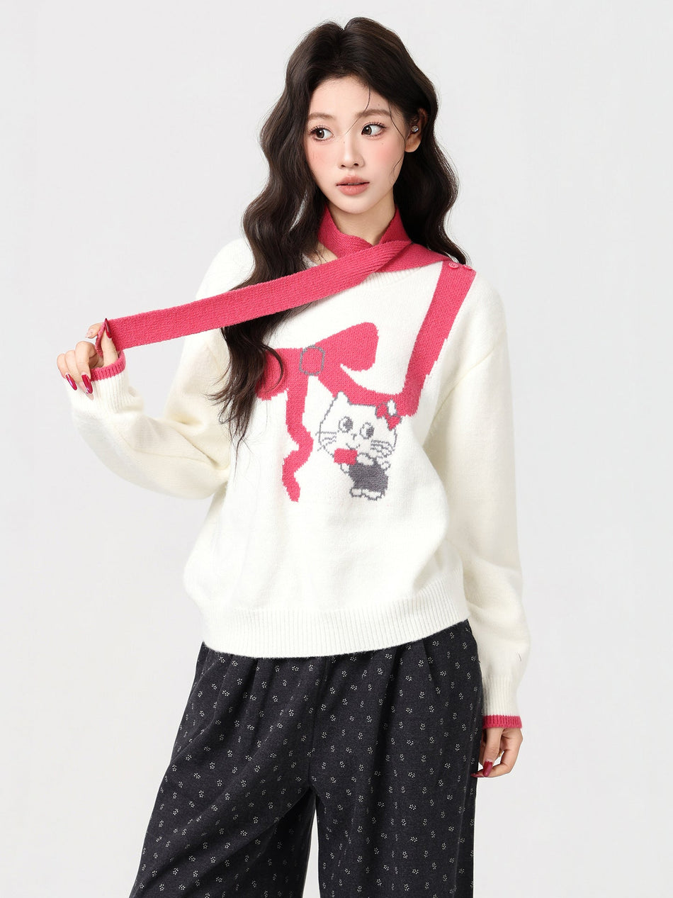 Cat Bow Jacquard Sweater Set Women Winter Knit 2026