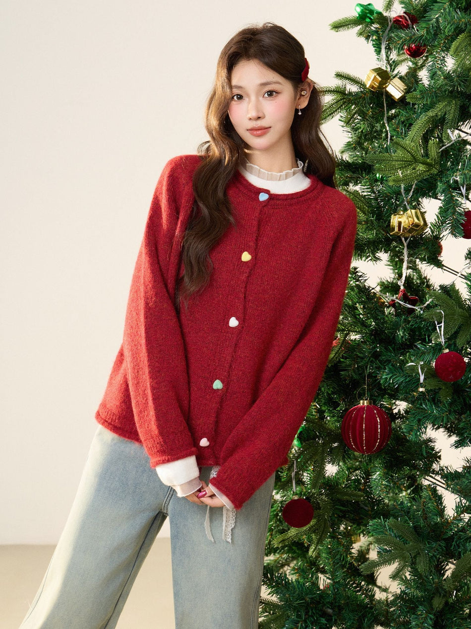 Red Heart Button Knit Sweater Jacket Women Winter