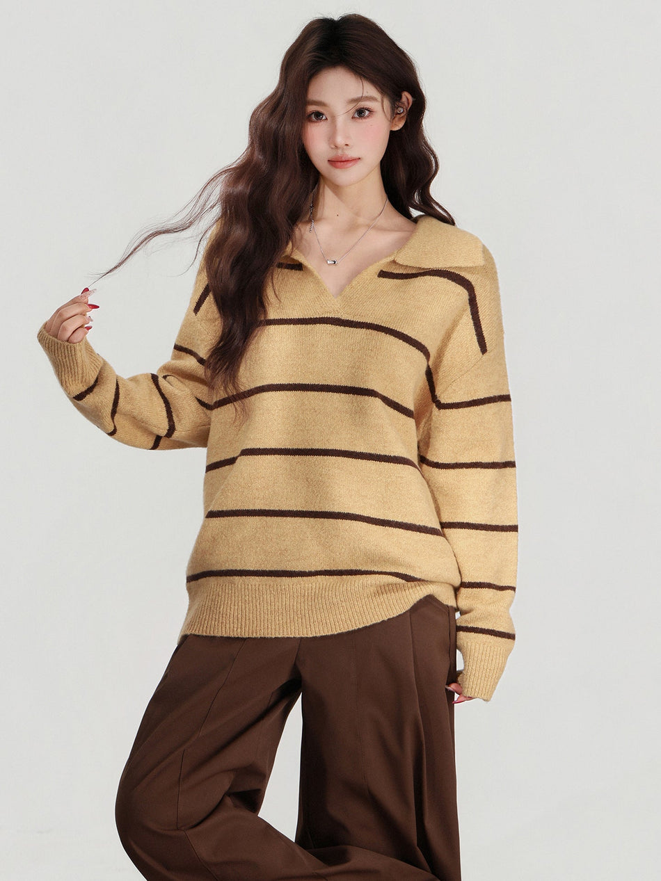 Yellow Striped Knit Sweater Women Winter Loose Top
