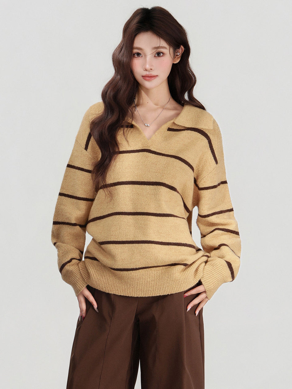 Yellow Striped Knit Sweater Women Winter Loose Top