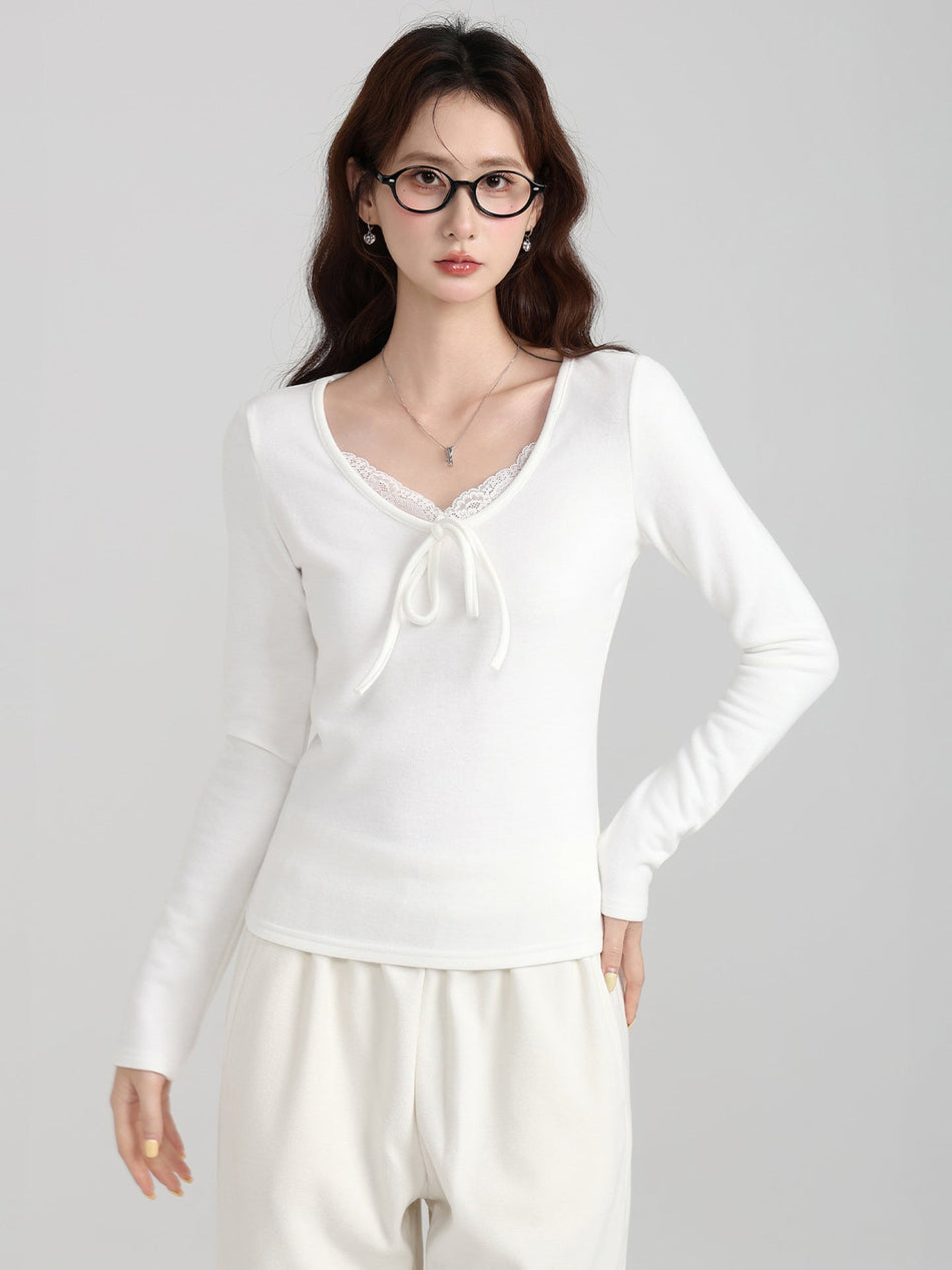 Off White Lace Bow Fleece T-Shirt Women Winter Top