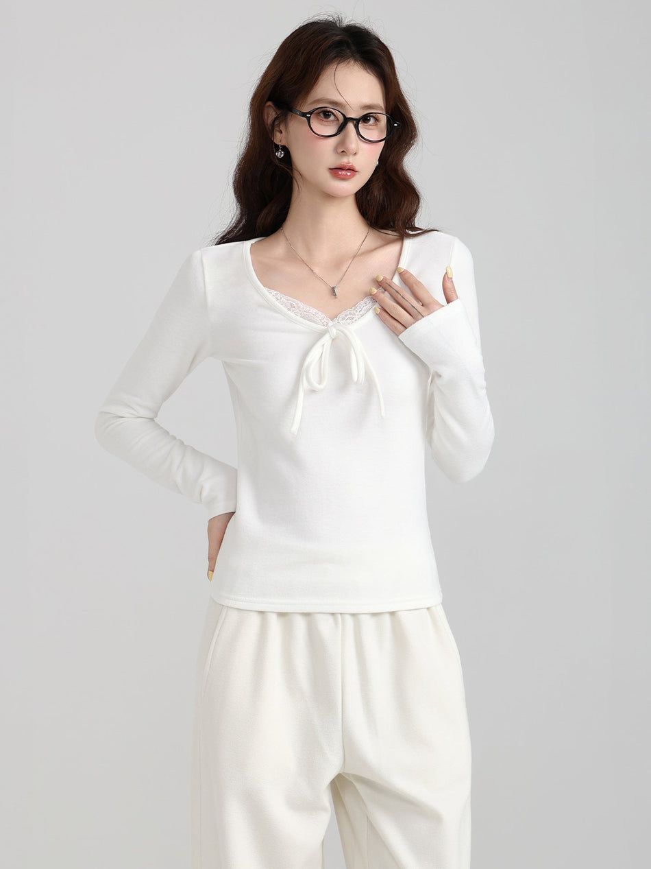 Off White Lace Bow Fleece T-Shirt Women Winter Top