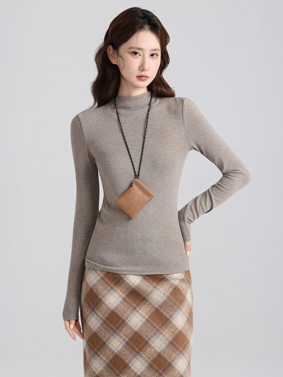 Solid Stand Collar Base Shirt Women Winter Slim Top