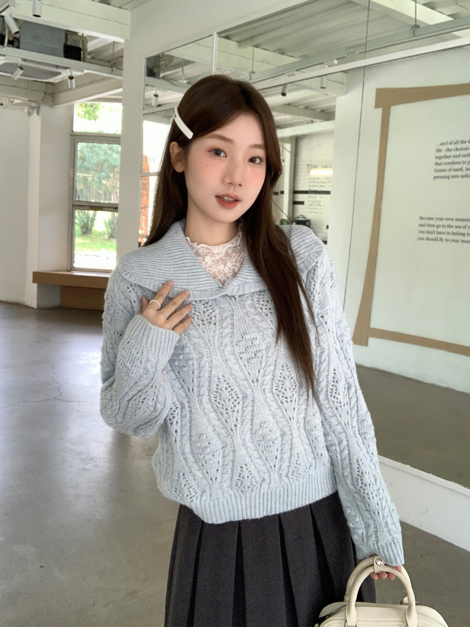 Blue Polo Knit Sweater Women Hollow Winter Loose Top