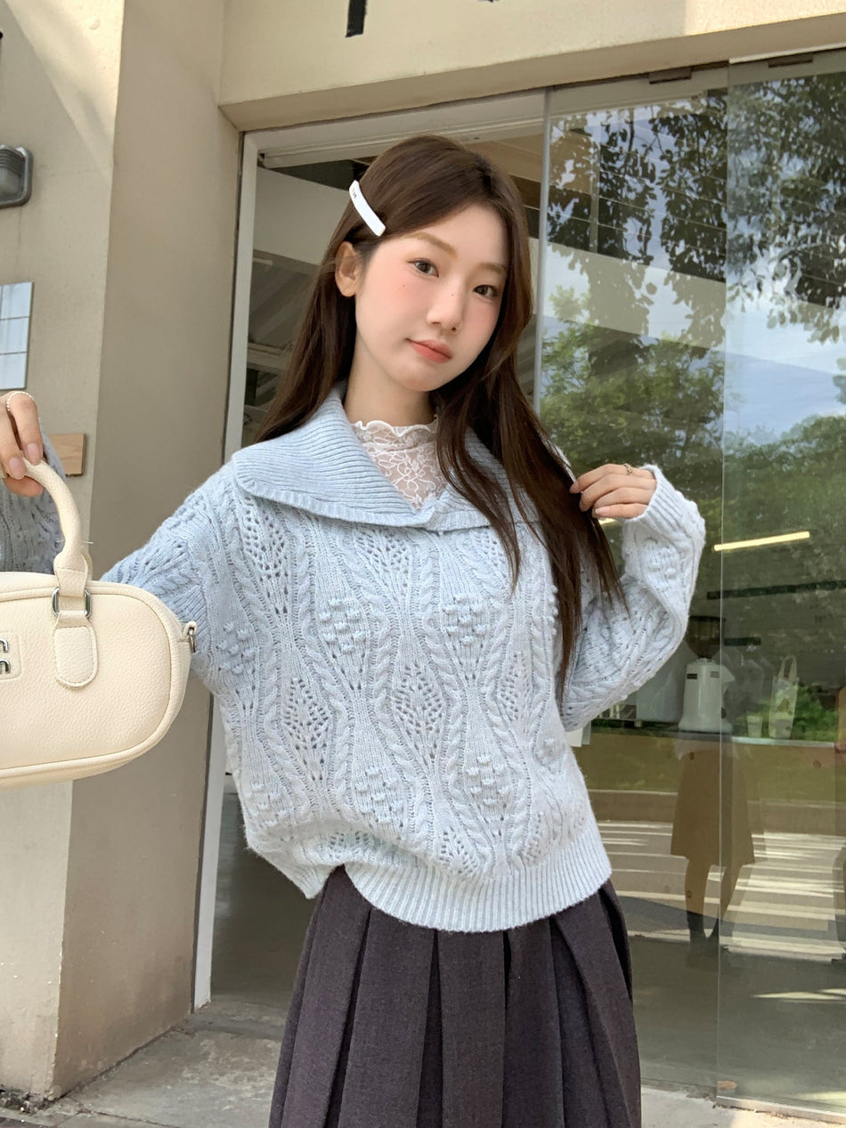 Blue Polo Knit Sweater Women Hollow Winter Loose Top