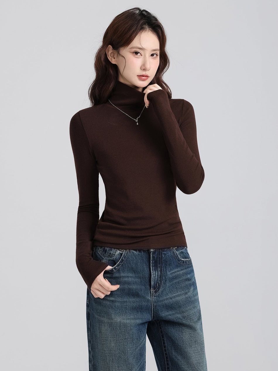 Coffee Half Turtleneck Ruffle Base Shirt Women Slim