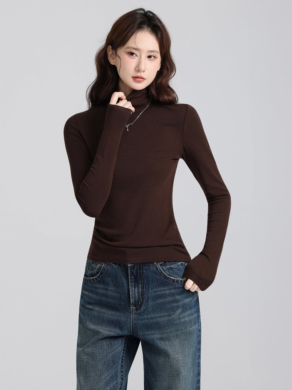 Coffee Half Turtleneck Ruffle Base Shirt Women Slim