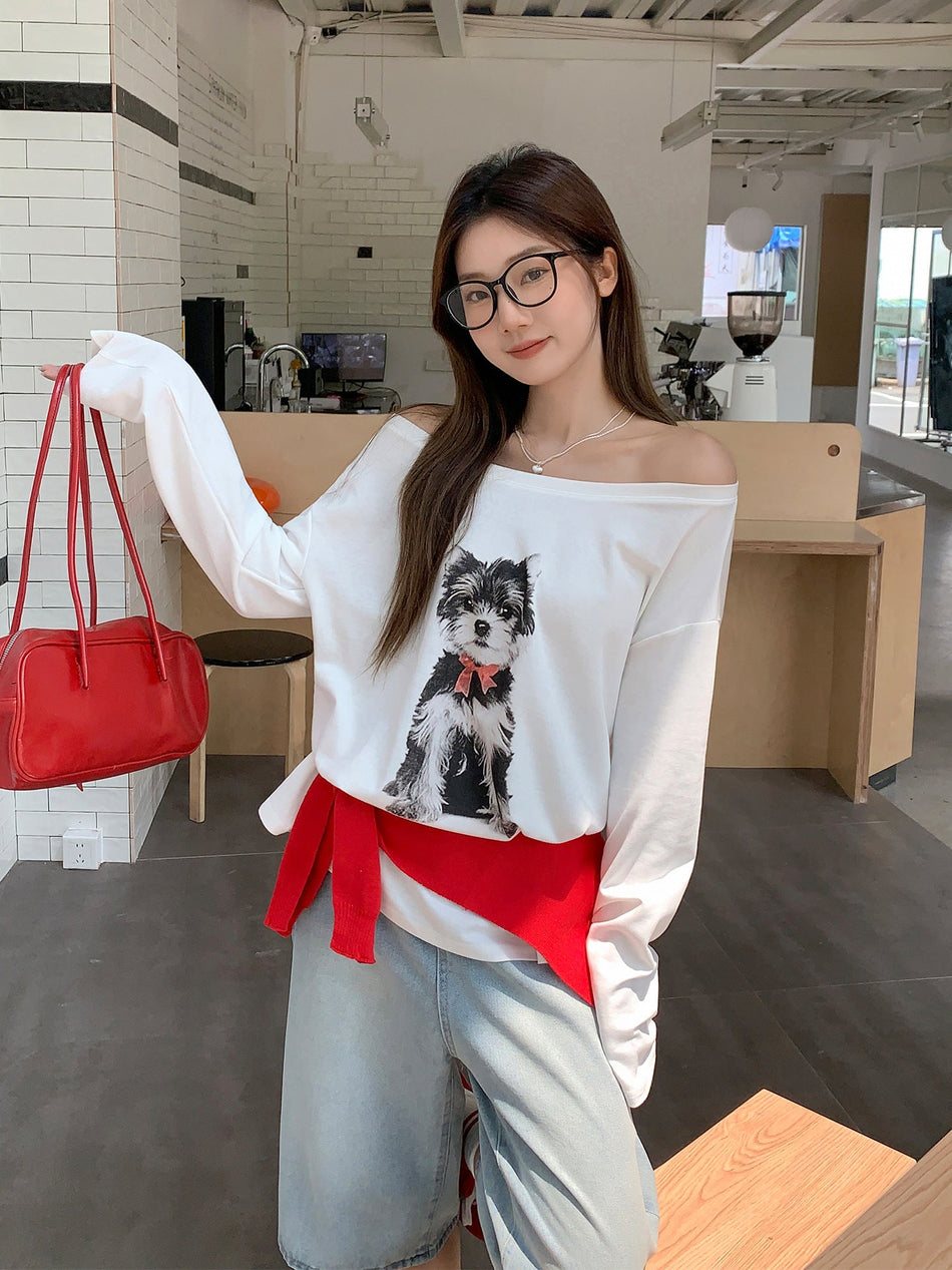 Puppy Print White Inner Shirt Women Korean Style Top