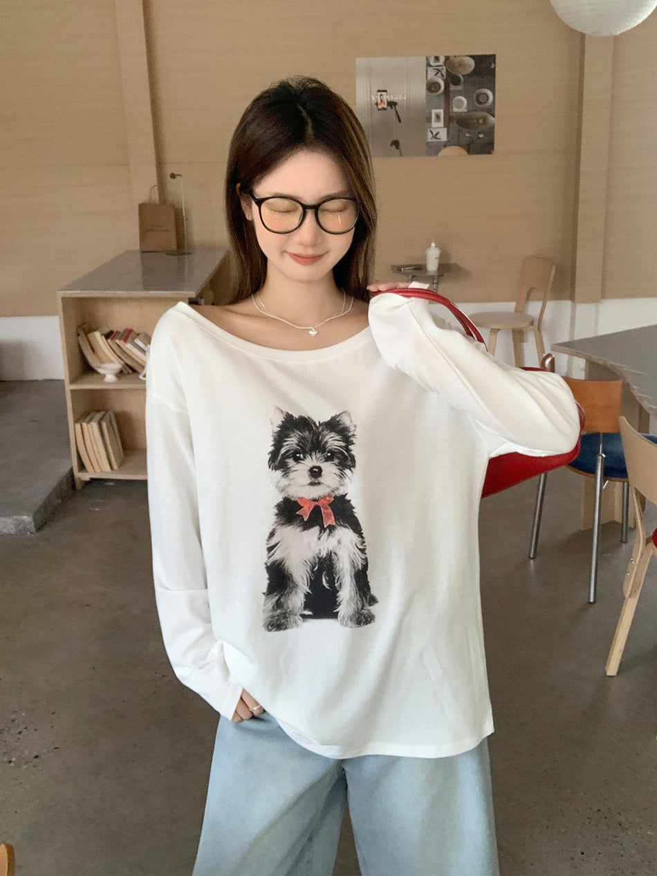 Puppy Print White Inner Shirt Women Korean Style Top