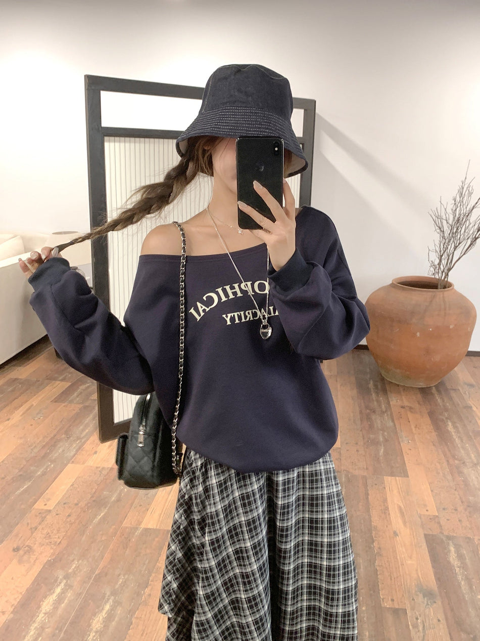 Navy Blue Off Shoulder Print Top Women Autumn 2026