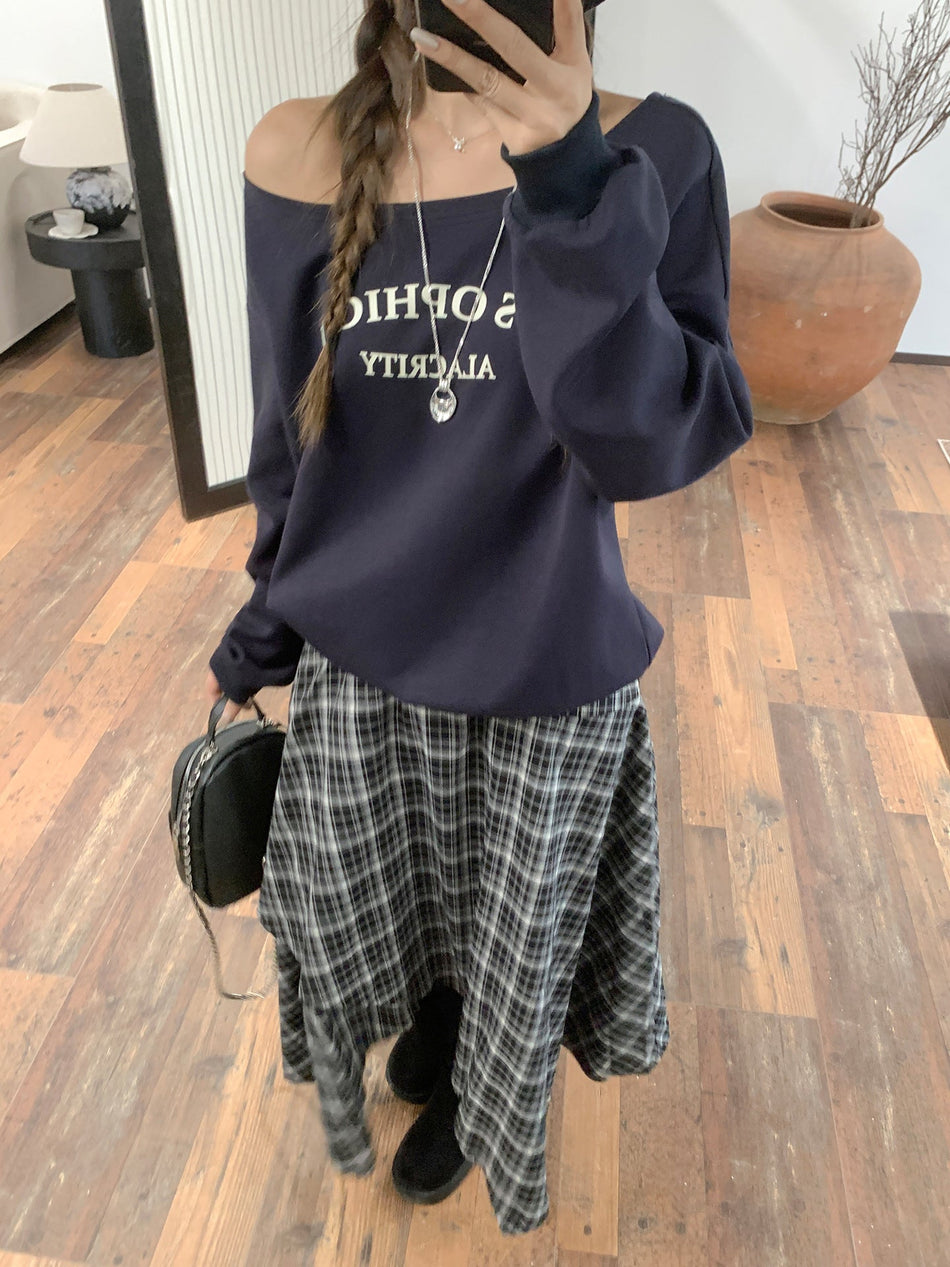 Navy Blue Off Shoulder Print Top Women Autumn 2026