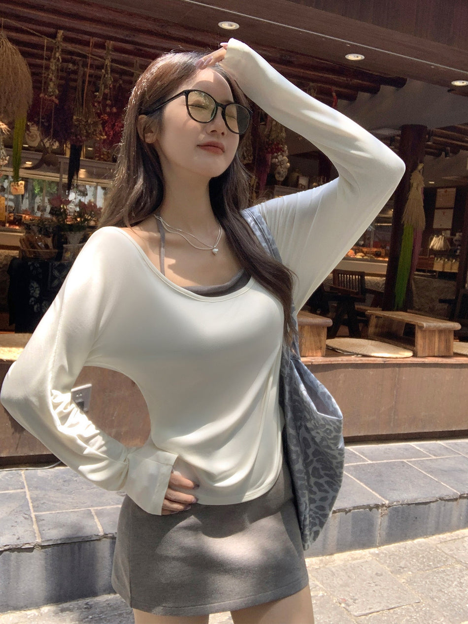 Solid Pleated Round Neck Top Women Slim Winter Base
