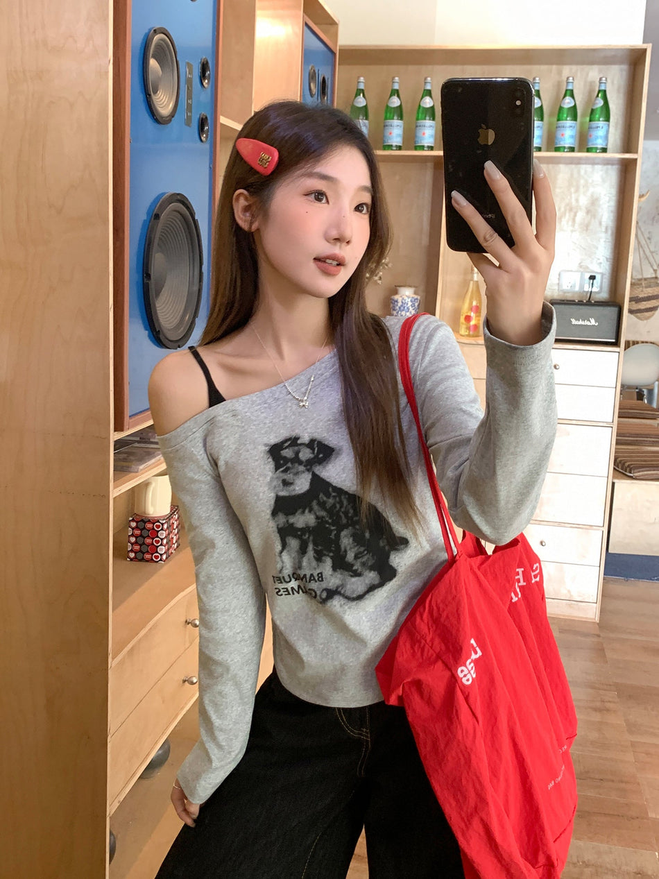 Gray Off Shoulder Puppy Print Ruched Top Women Autumn