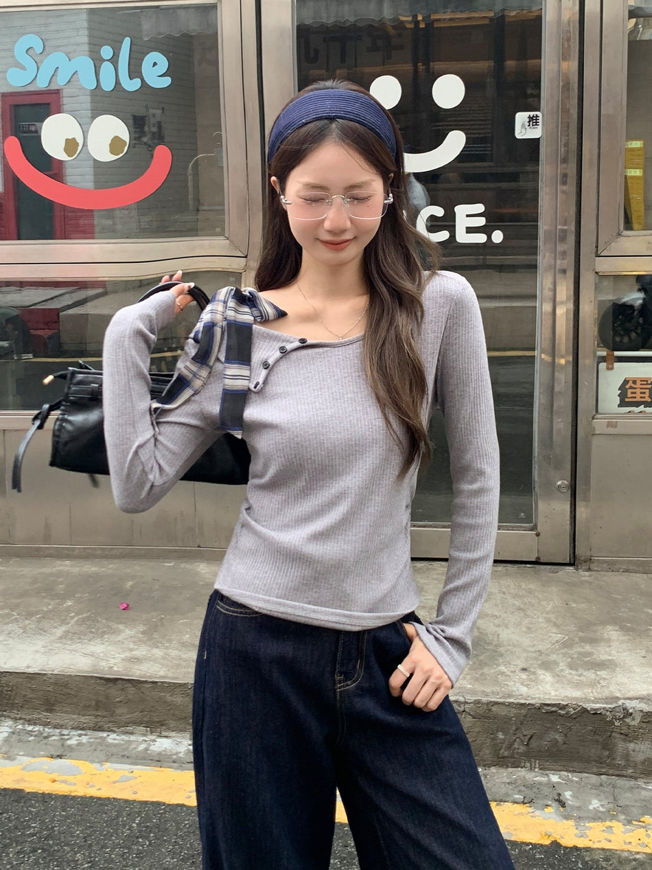 Korean Off Shoulder Pleated Slim Top Women Autumn