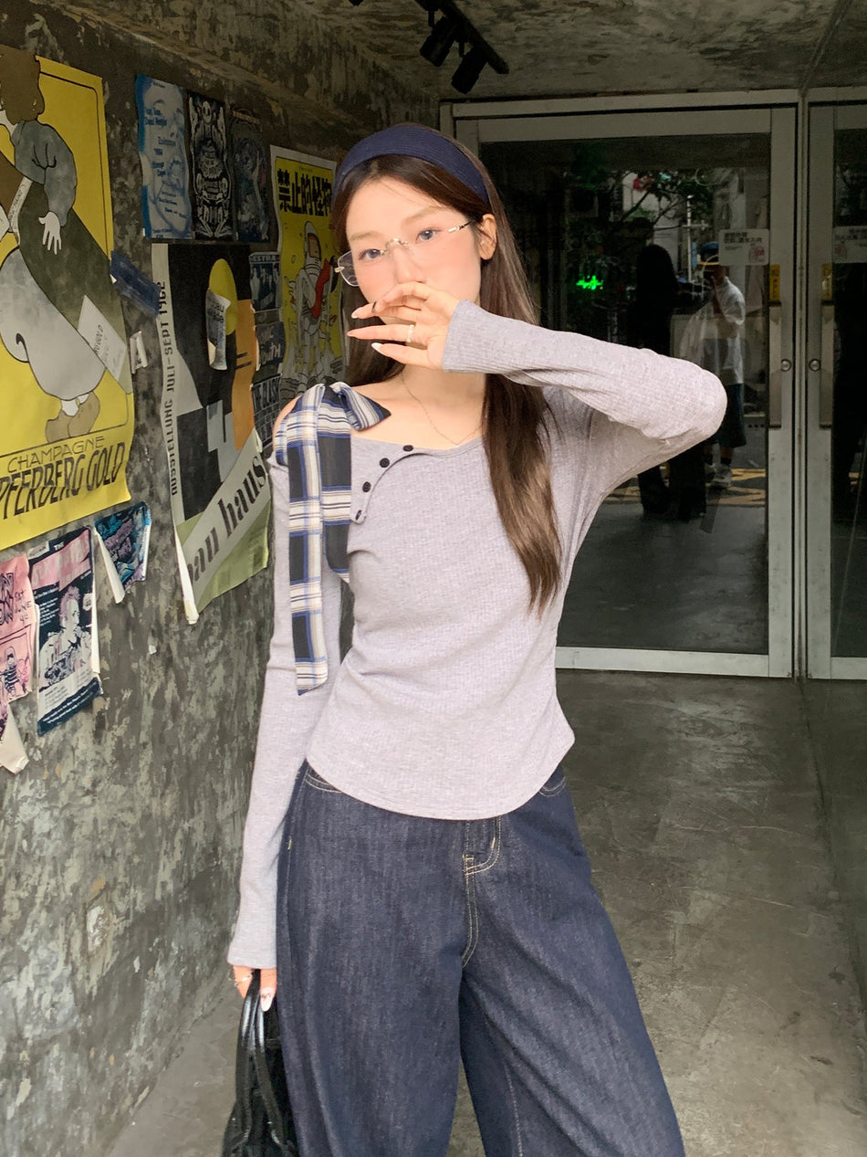 Korean Off Shoulder Pleated Slim Top Women Autumn