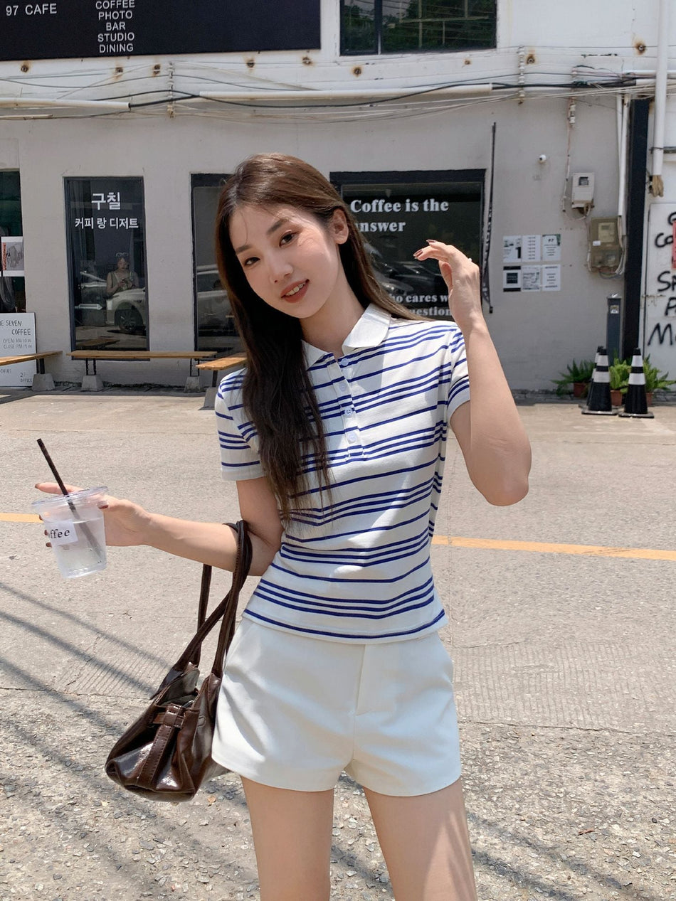 Blue White Striped Polo Back Tie Top Women Summer 2026