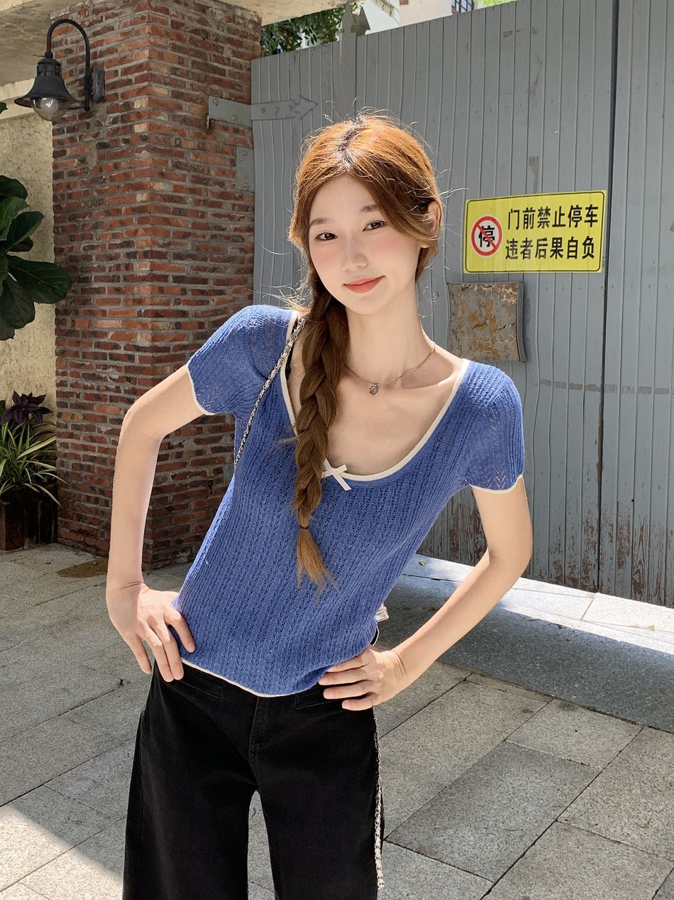 Blue Bow Shoulder Knit Top Women Summer 2026 Slim