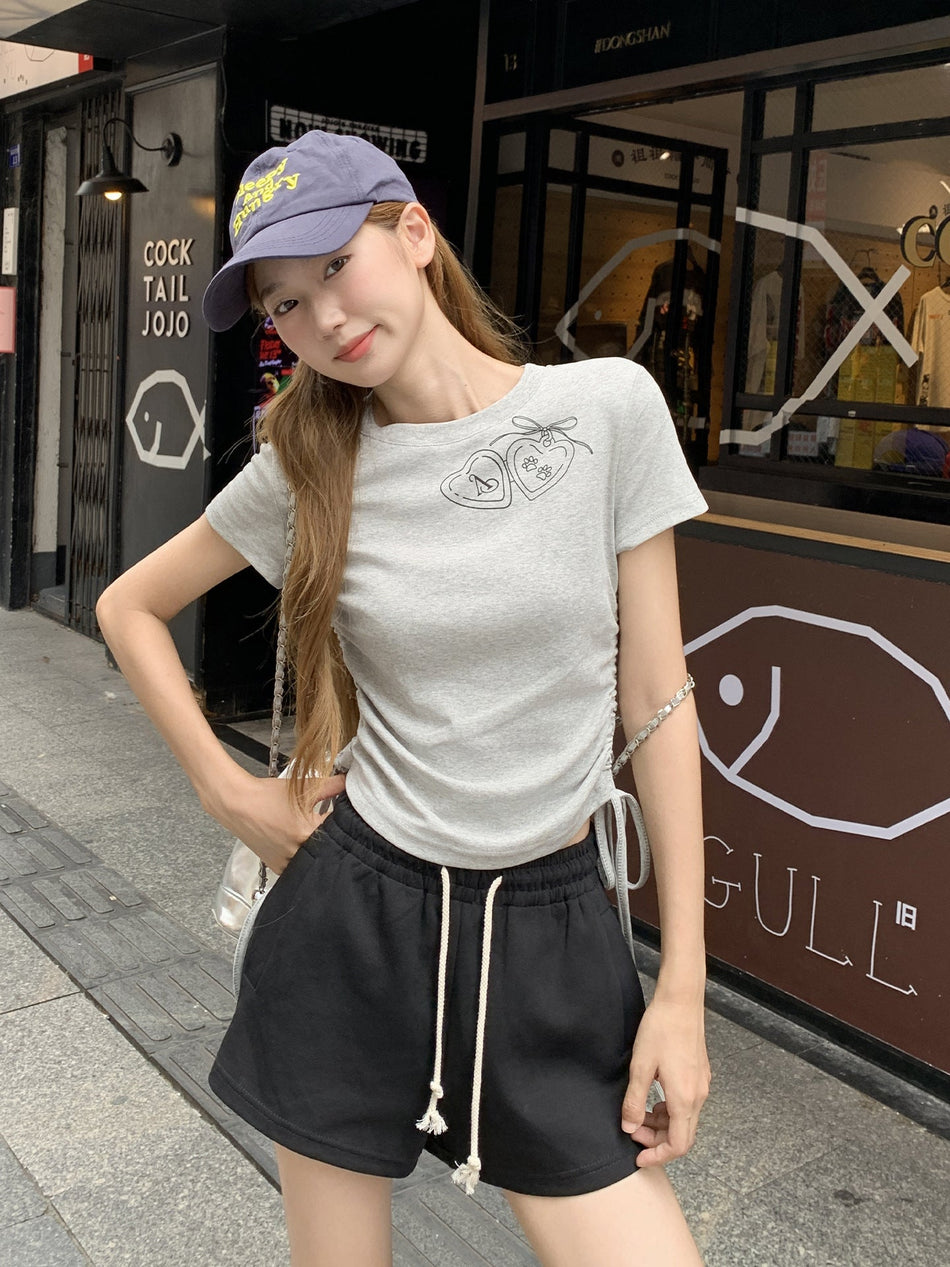 Printed Lace Up Slim T-Shirt Women Summer 2026 Top