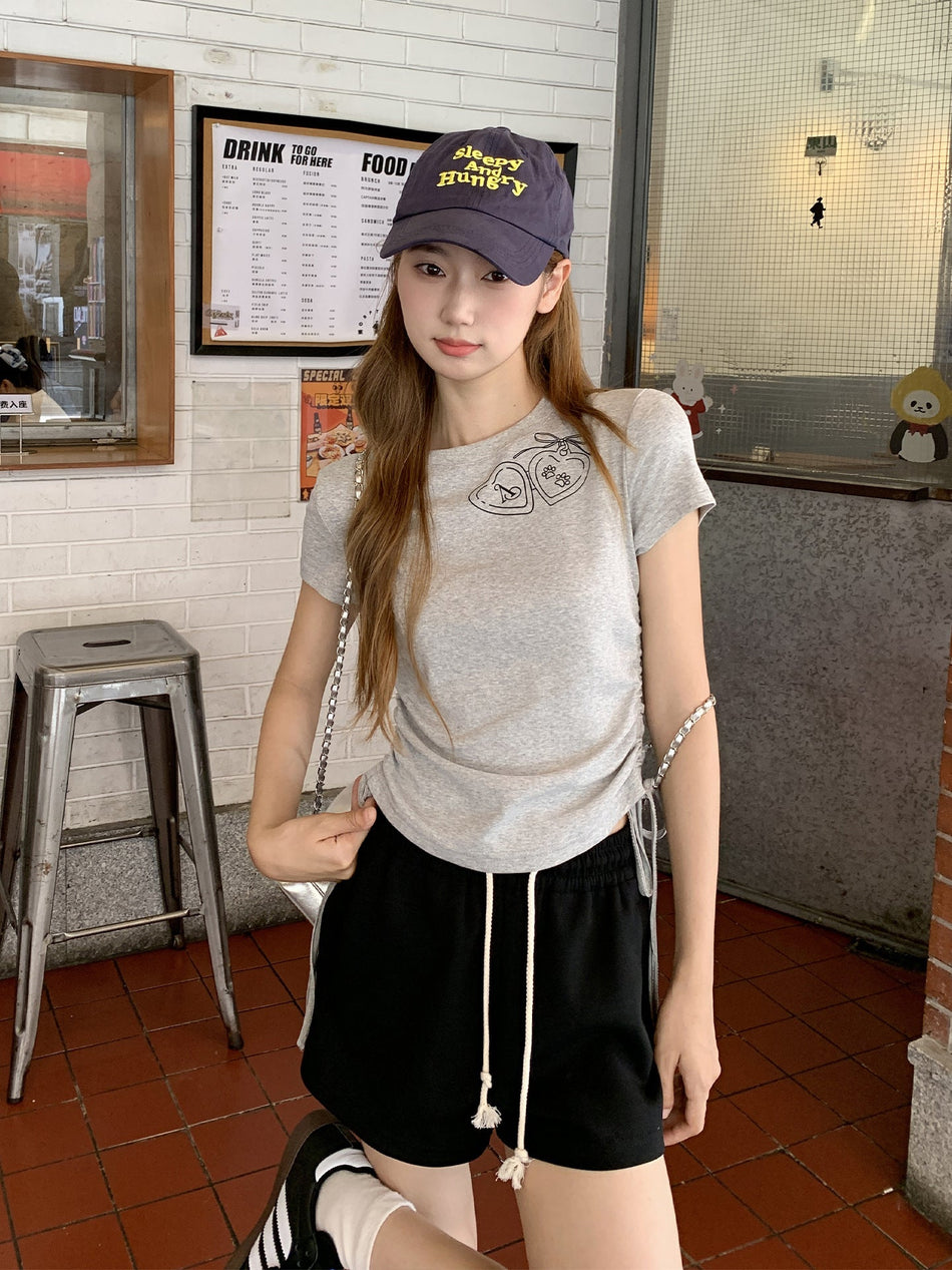 Printed Lace Up Slim T-Shirt Women Summer 2026 Top