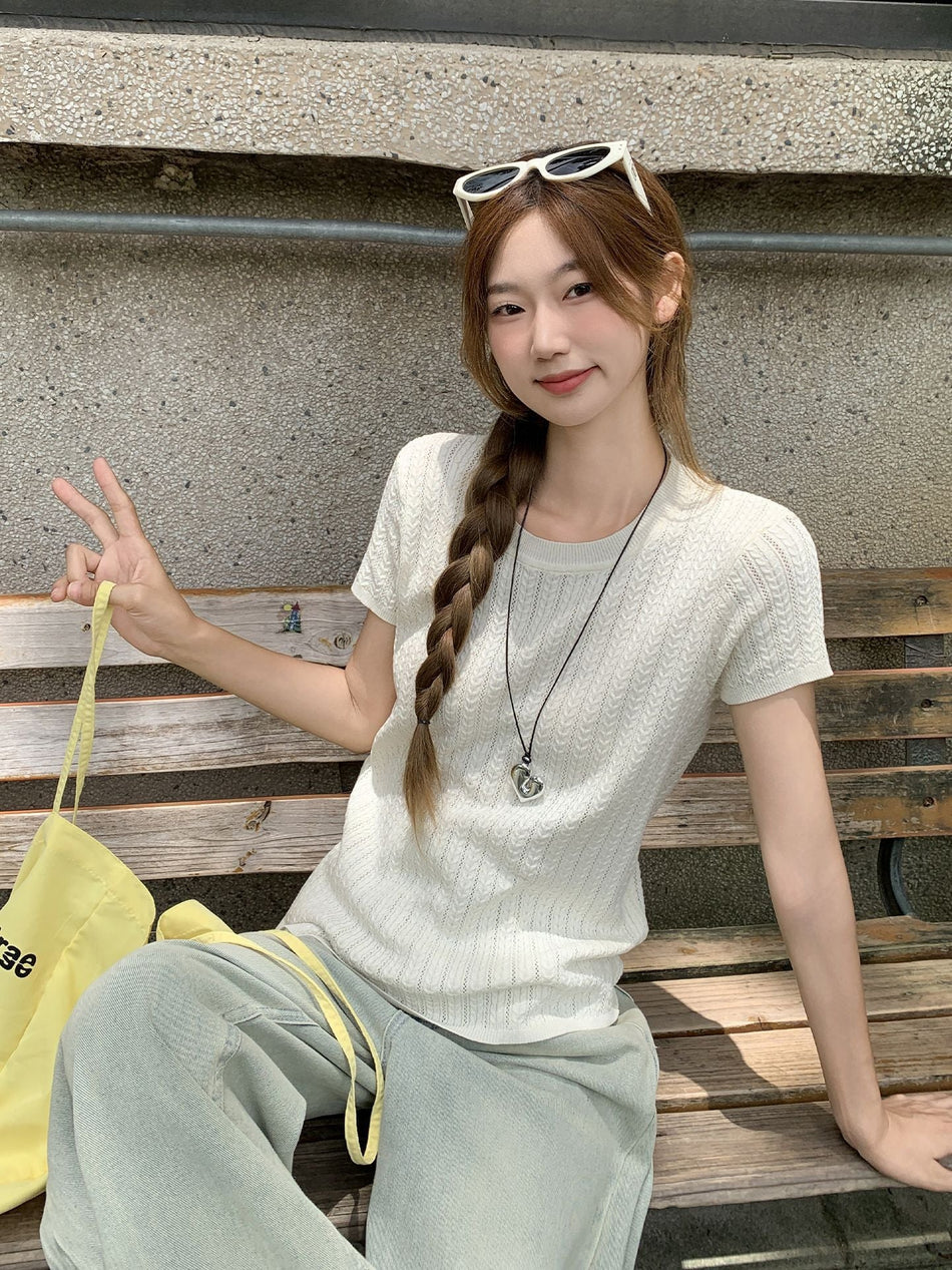 Apricot Knit Slim T-Shirt Women Summer 2026 Chic Top
