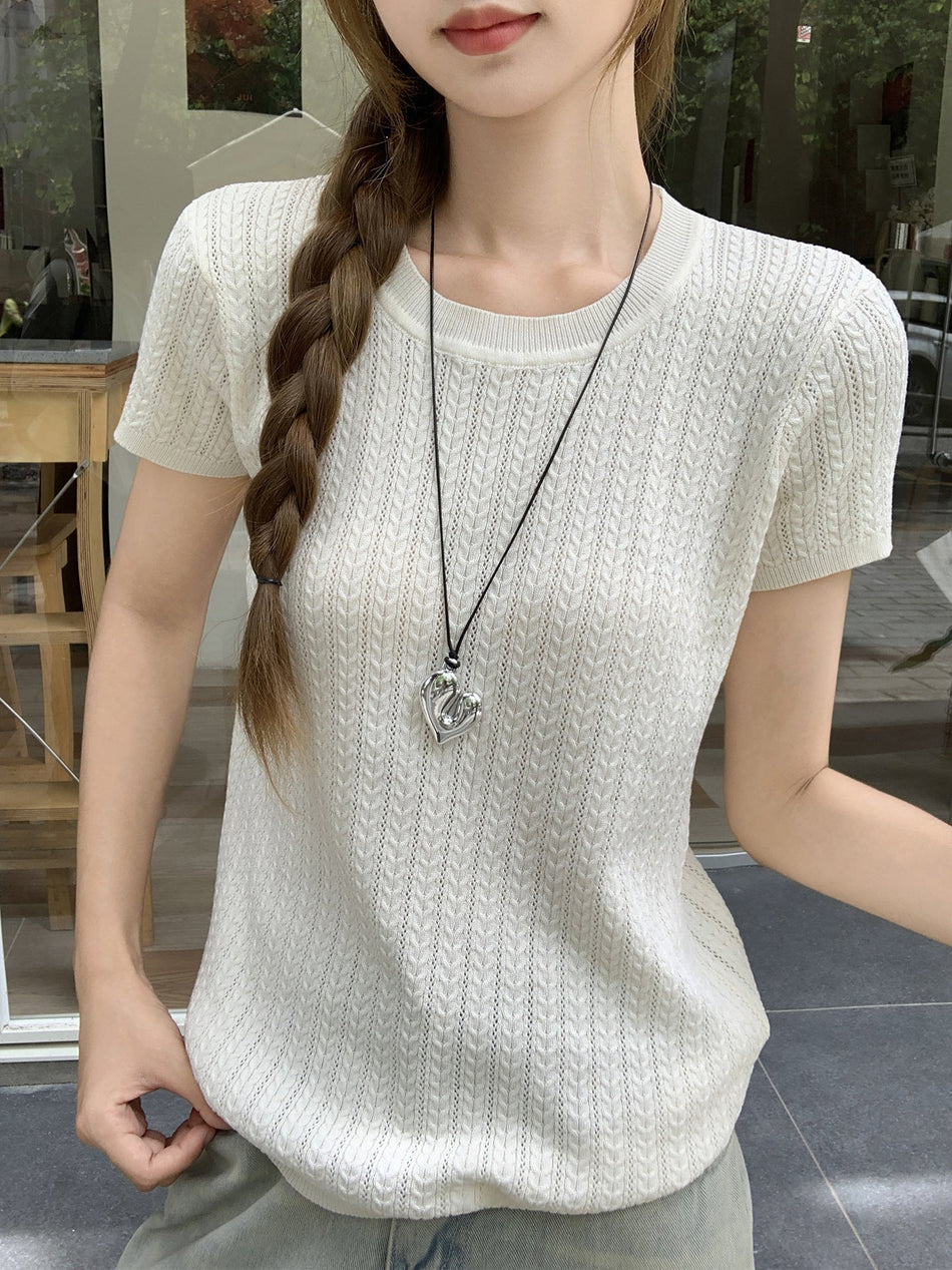 Apricot Knit Slim T-Shirt Women Summer 2026 Chic Top