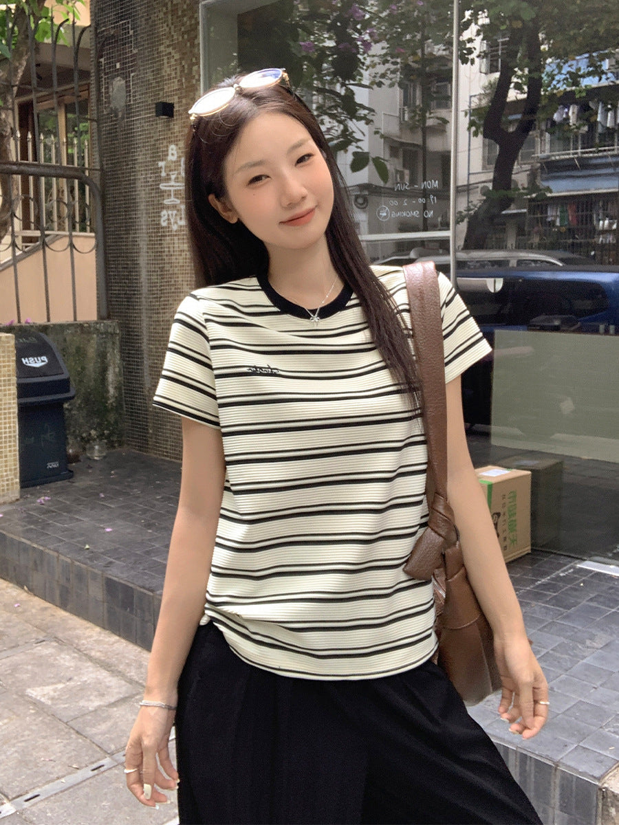 Color Block Striped Embroidered T-Shirt Women Summer