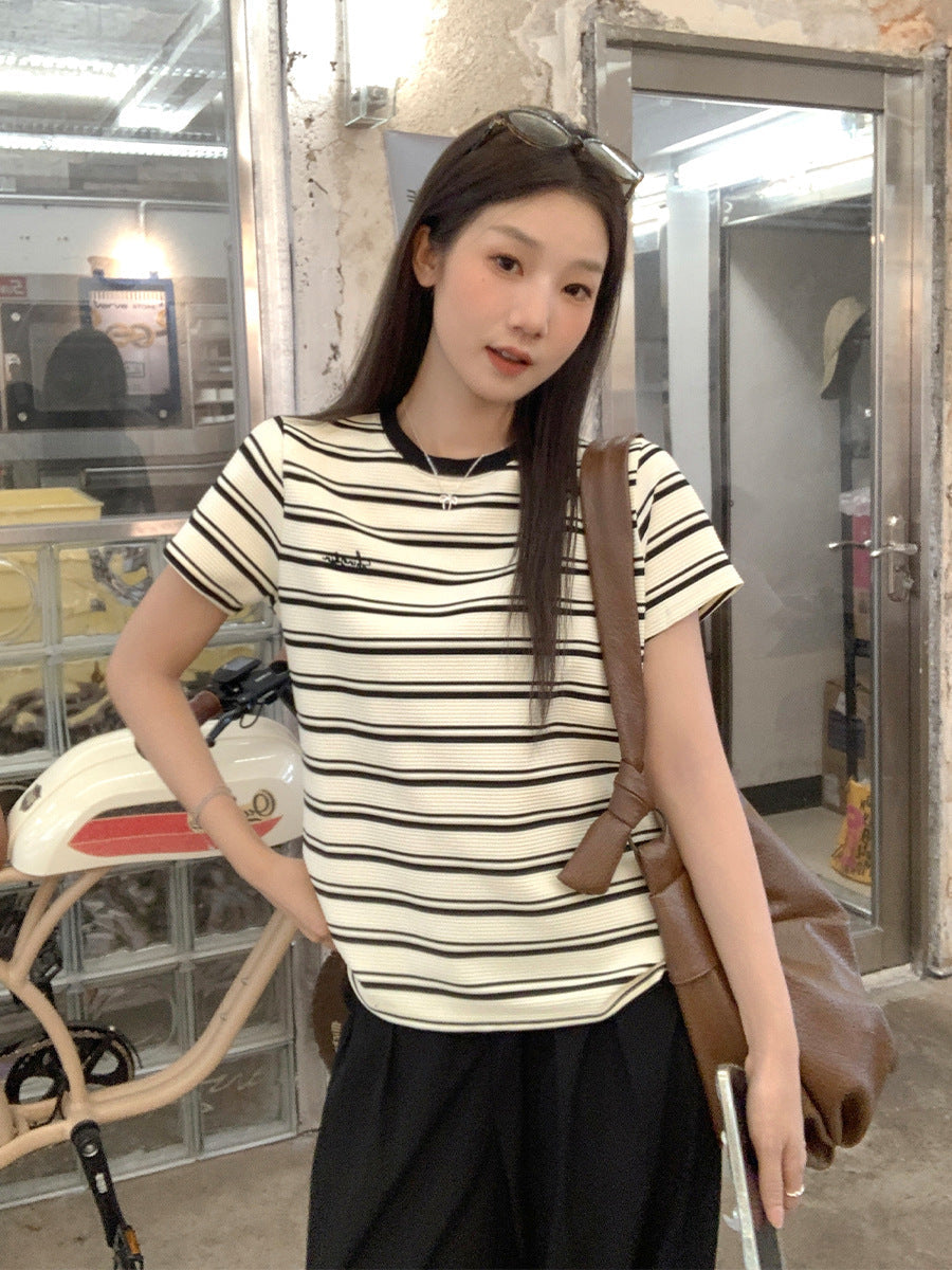 Color Block Striped Embroidered T-Shirt Women Summer