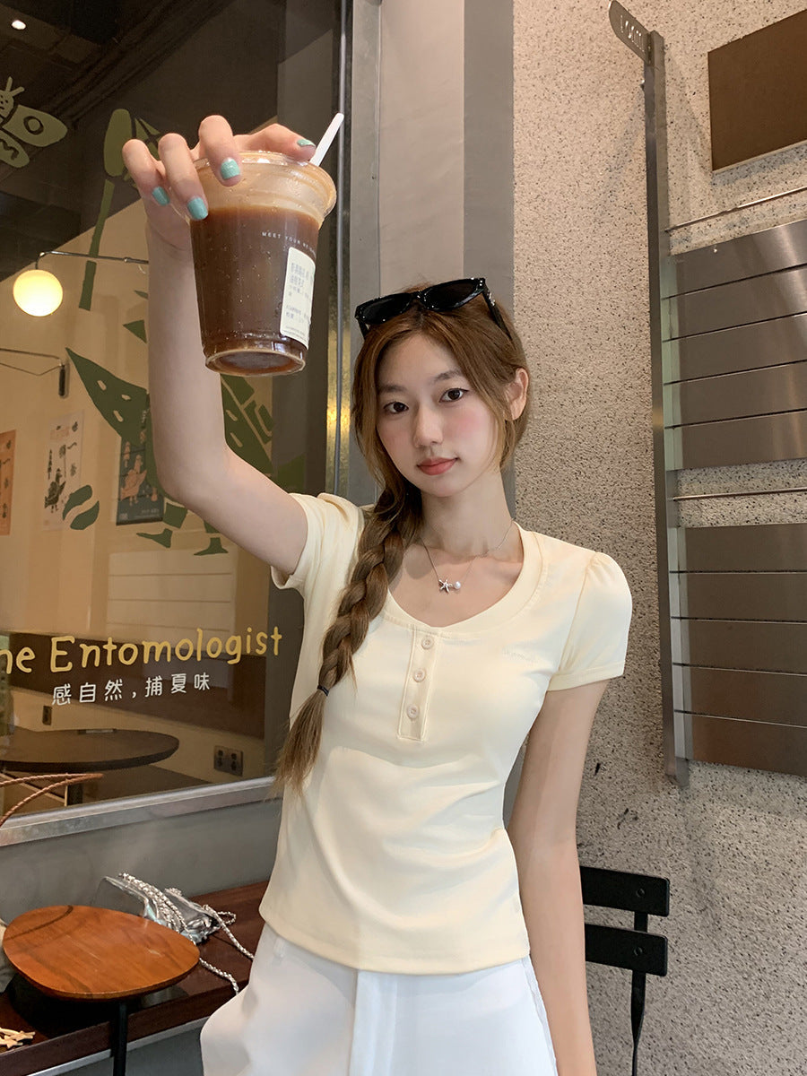 Yellow Half-Open Collar Slim Fit Women's Summer T-Shirt