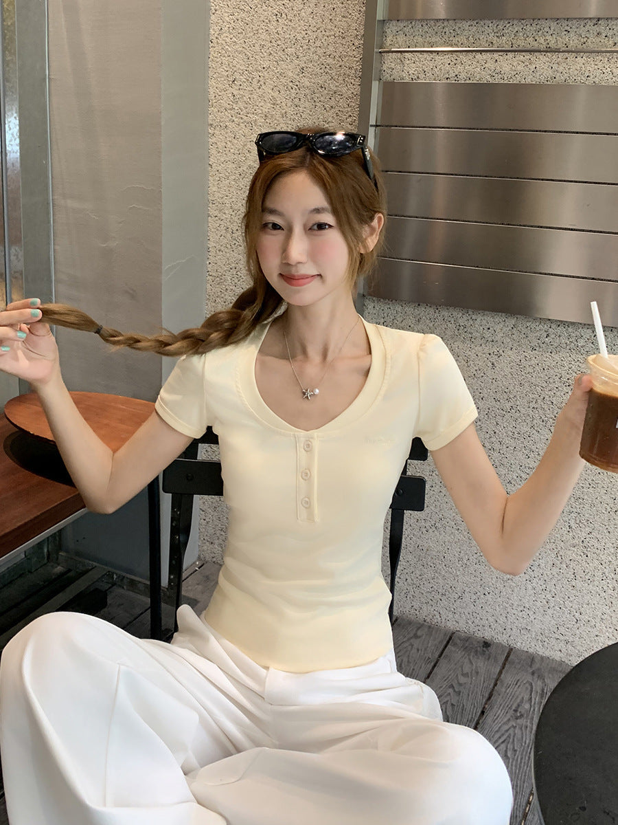Yellow Half-Open Collar Slim Fit Women's Summer T-Shirt