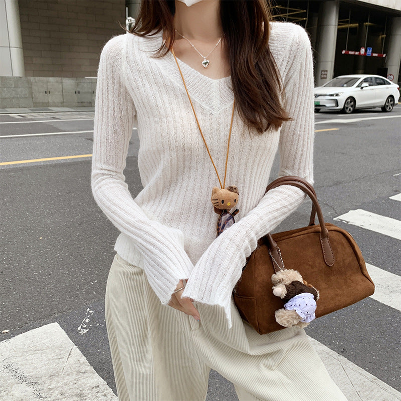 French Style V-Neck Women Knit Long Sleeve Top