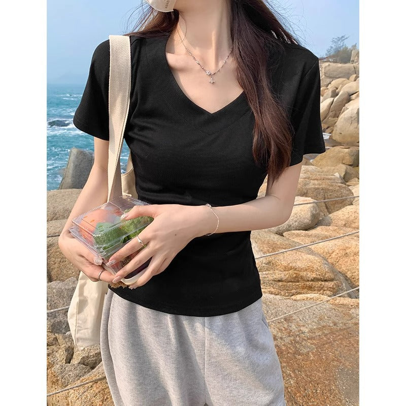 Black V-Neck Slim Fit Women’s Summer T-Shirt
