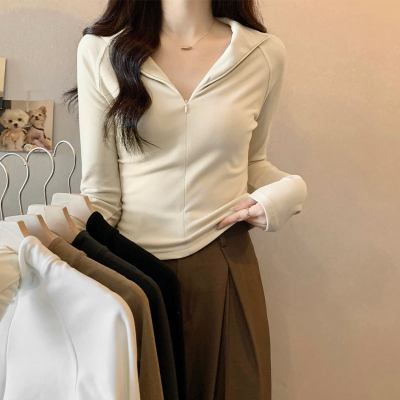 Apricot Velvet Half-Zip Women Winter Slim Top