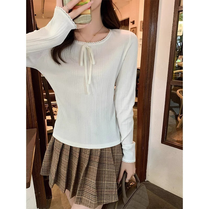 White Lace Slim Long Sleeve Women Autumn Winter Top