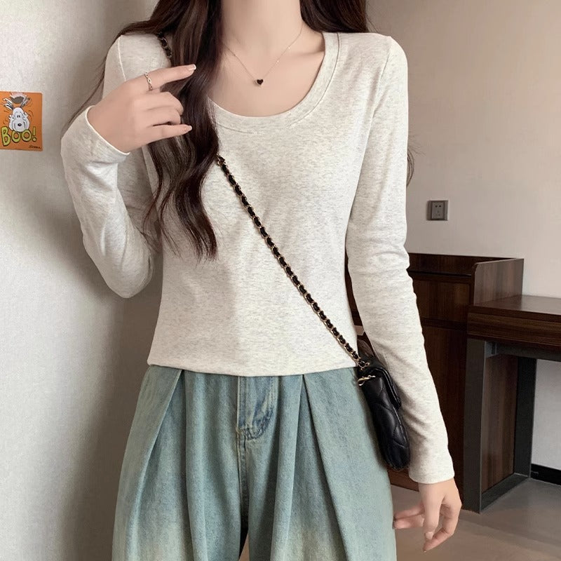 Women Cotton U-Neck Slim Long Sleeve Base Top