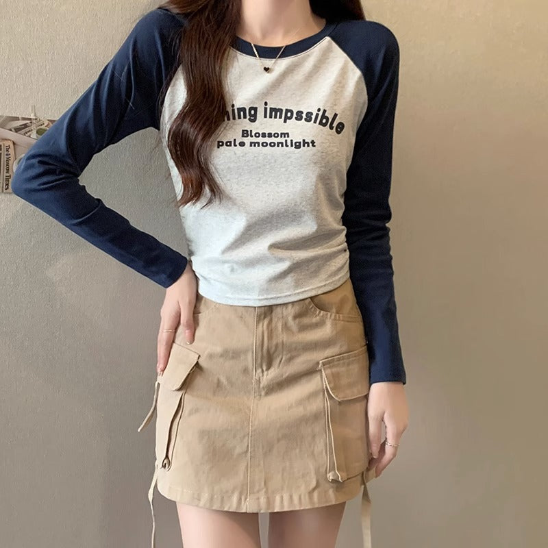 Women Chic Printed Slim Long Sleeve Autumn Top