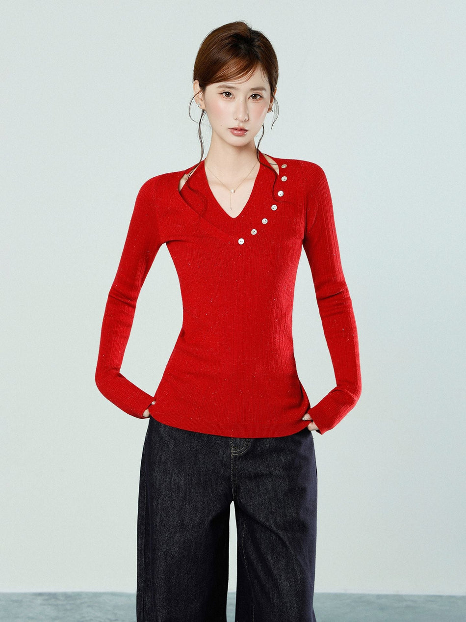 Women Red Knit Halter Slim Long Sleeve Winter Top