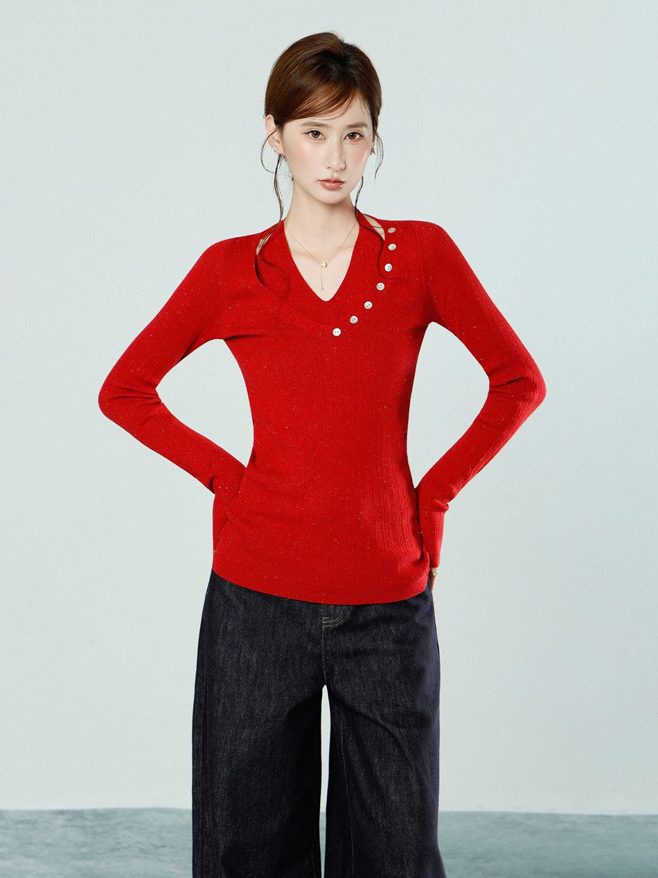 Women Red Knit Halter Slim Long Sleeve Winter Top
