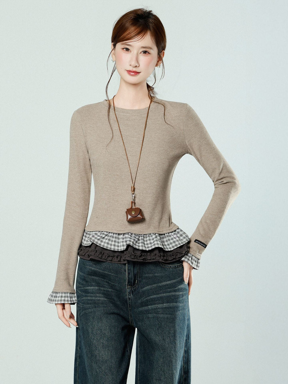 Women Velvet Lace Hem Slim Long Sleeve Winter Top